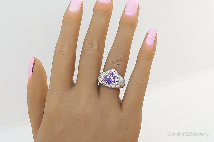 Art Deco Amethyst Opal Cubic Zirconia Sterling Silver Ring - Size 7.5