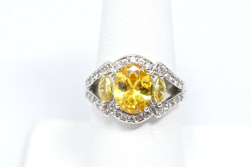Art Deco Vintage Large Citrine Cz Accented Statement Ring Sterling Silver Sz 8