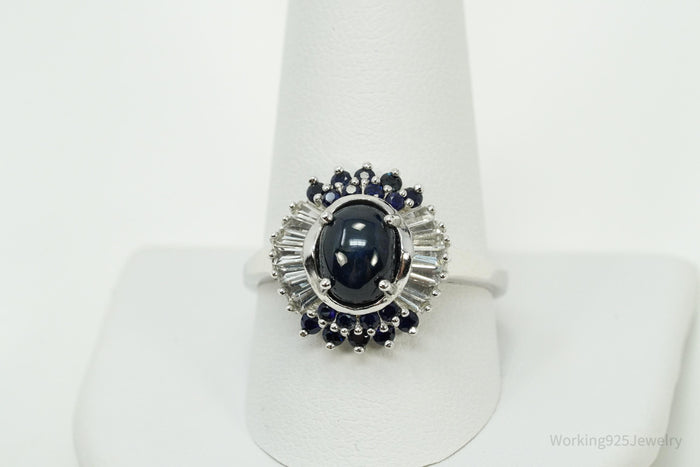 Blue Star Sapphire & White Zircon Sterling Silver Ring - Size 10.75