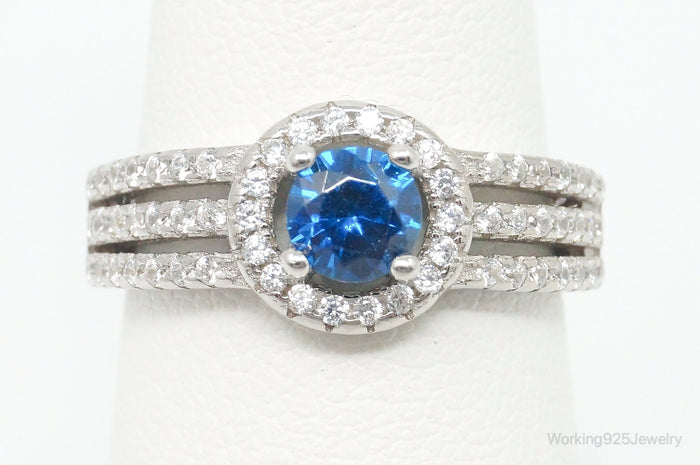Blue & White Cubic Zirconia Sterling Silver Ring - Size 7