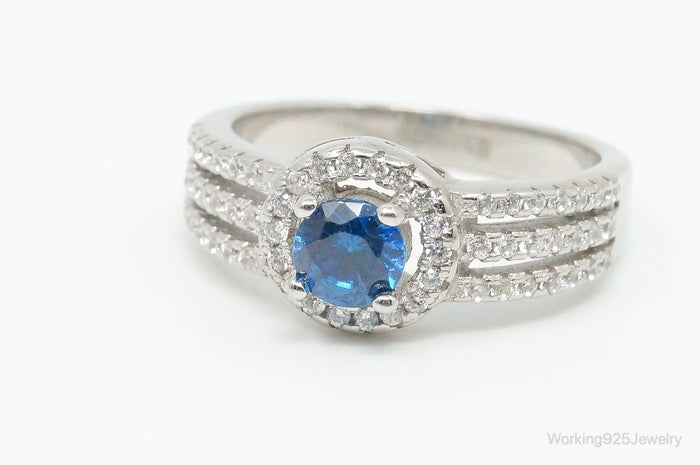 Blue & White Cubic Zirconia Sterling Silver Ring - Size 7