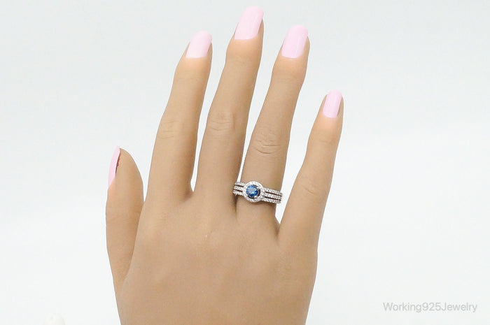 Blue & White Cubic Zirconia Sterling Silver Ring - Size 7
