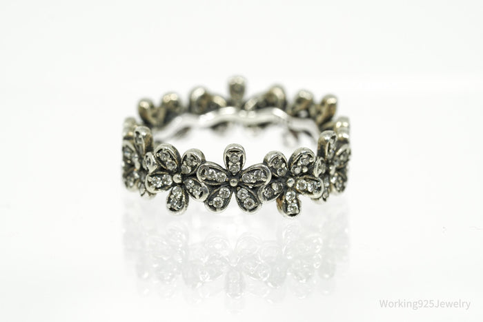 Cubic Zirconia Daisies Sterling Silver Ring - Size 6.25
