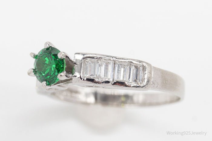 Designer Green & White Cubic Zirconia Sterling Silver Ring - Size 10