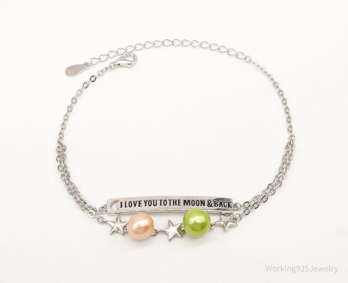 Designer "I love you to the moon & Back" Pearl Sterling Silver Bracelet