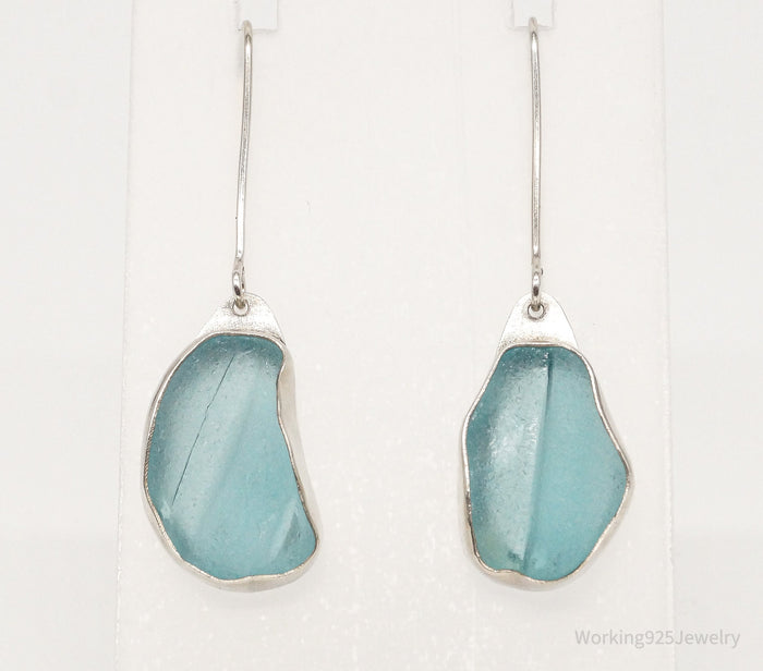 Designer LVO Blue Stone Dangle Sterling Silver Earrings