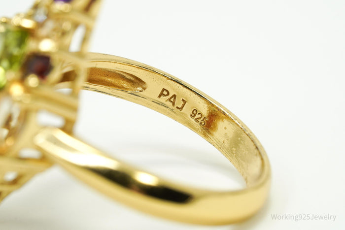 Designer PAJ Multi Gem Gold Vermeil Sterling Silver Ring - Size 7