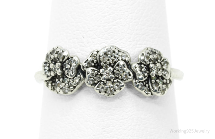 Designer Pandora Triple Pansies Cubic Zirconia Sterling Silver Ring - Size 6.75