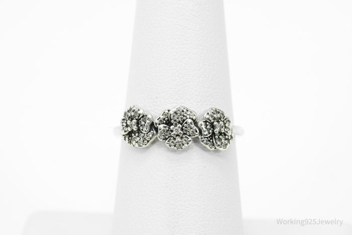 Designer Pandora Triple Pansies Cubic Zirconia Sterling Silver Ring - Size 6.75