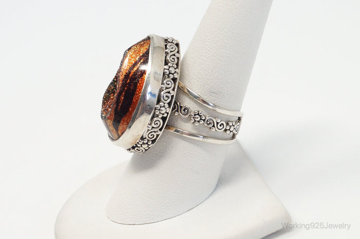 Designer Sajen Tiger Stripe Enamel Druzy Quartz Sterling Silver Ring SZ 8.5