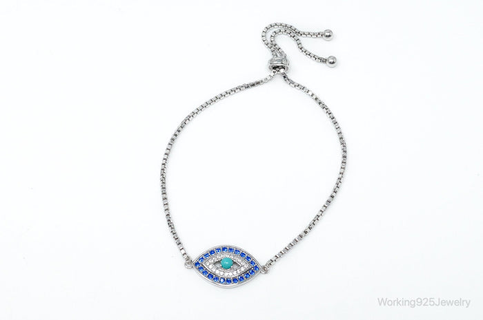 Designer Sapphire Turquoise CZ Good Luck Sterling Silver Adjustable Bracelet