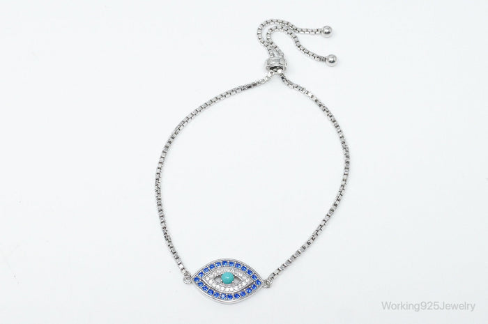 Designer Sapphire Turquoise CZ Good Luck Sterling Silver Adjustable Bracelet