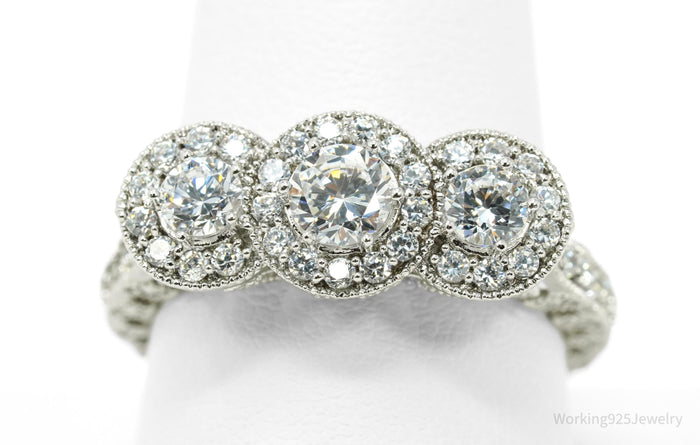 Designer STAUER Three Stone Halo Cubic Zirconia Sterling Silver Ring - Size 10