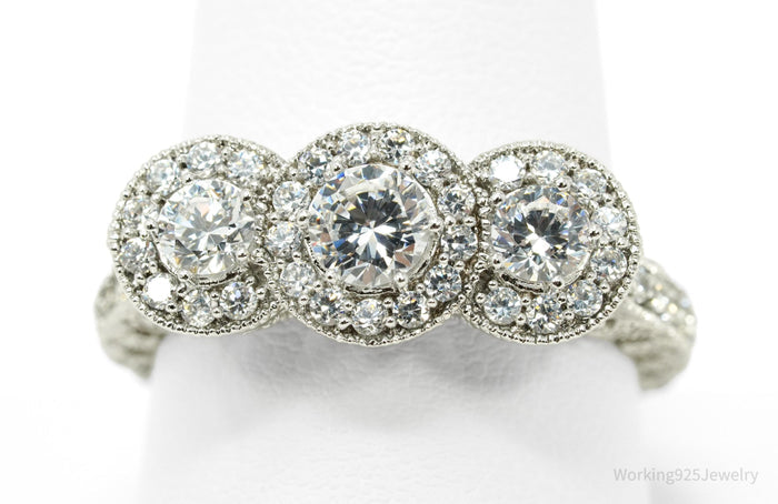Designer STAUER Three Stone Halo Cubic Zirconia Sterling Silver Ring - Size 10