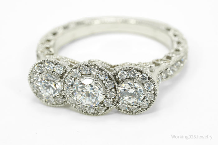 Designer STAUER Three Stone Halo Cubic Zirconia Sterling Silver Ring - Size 10