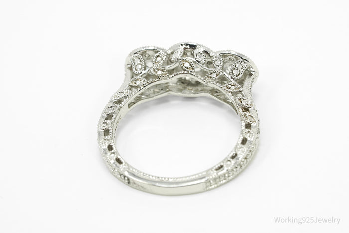 Designer STAUER Three Stone Halo Cubic Zirconia Sterling Silver Ring - Size 10