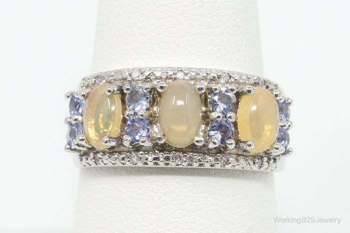 Designer Yellow Opalite Iolite Cubic Zirconia Sterling Silver Ring Size 8
