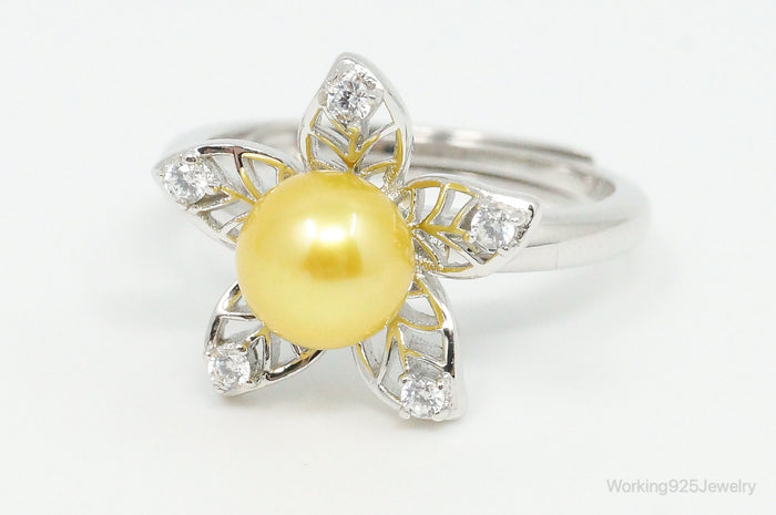 Faux Yellow Pearl Cubic Zirconia Flower Sterling Silver Ring SZ 5.75 Adjustable