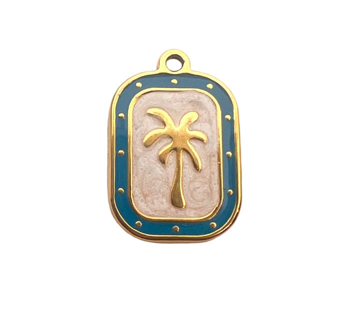 Gold Frame Palm Tree Charm - Blue