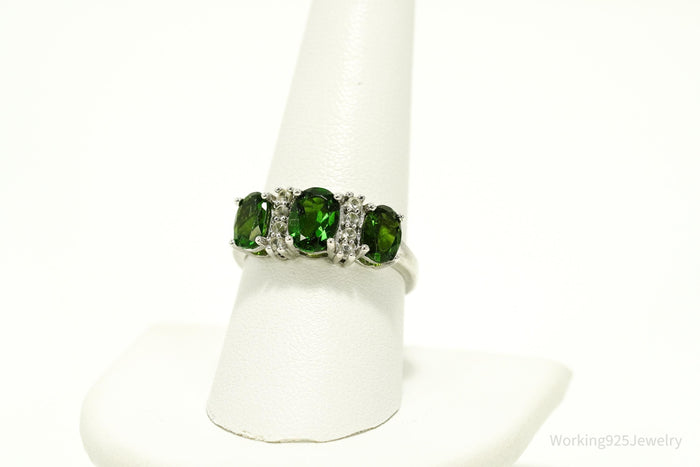 Green Chrome Diopside & White Topaz Sterling Silver Ring - Size 8.75