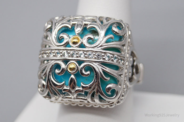 JTV DP Turquoise White Zircon Gold Sterling Silver Ring - Size 9