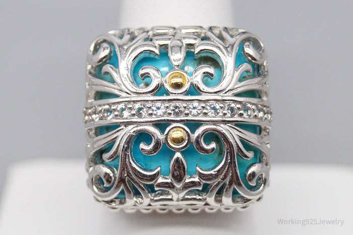 JTV DP Turquoise White Zircon Gold Sterling Silver Ring - Size 9