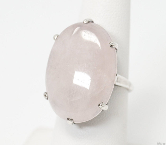 Large Antique Rose Quartz Silver Statement Ring - Size 6.5