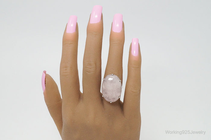 Large Antique Rose Quartz Silver Statement Ring - Size 6.5