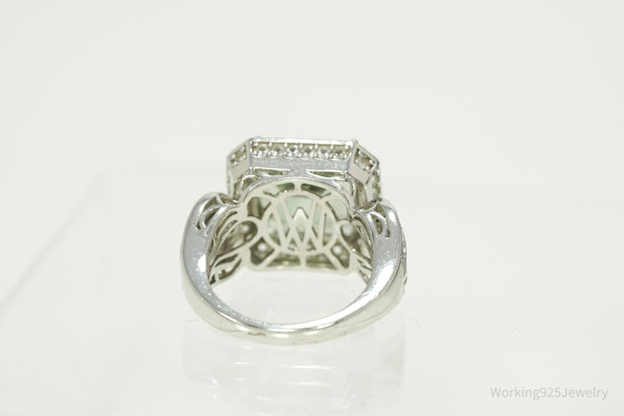 Large Green Amethyst & White Topaz Sterling Silver Ring - Size 7