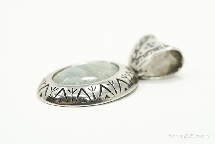 Large Vintage Carolyn Pollack Relios Milky Aquamarine Sterling Silver Pendant 2"