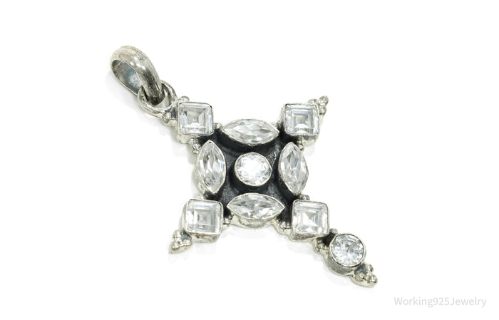 Large Vintage Cubic Zirconia Cross Sterling Silver Necklace Pendant 2"