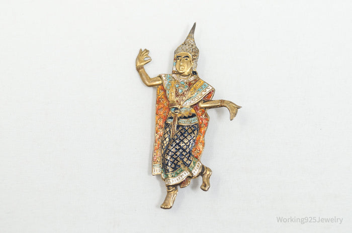 Large Vintage Designer SIAM NIELLO Dancer Enamel Sterling Silver Brooch Pin