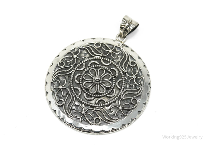 Large Vintage India Designer Doug Paulus Ornate Flower Sterling Silver Pendant