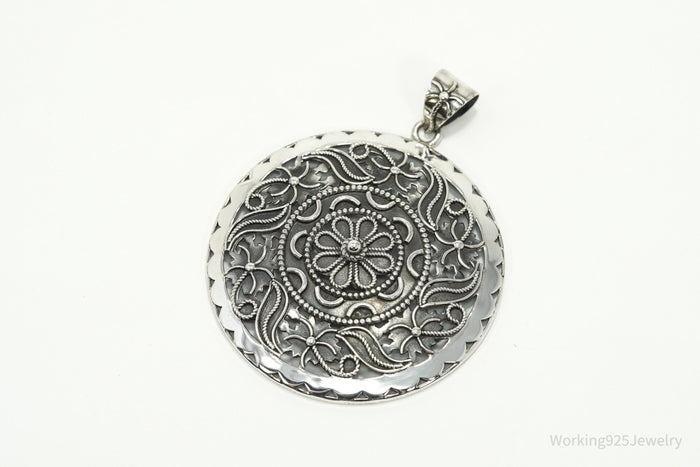 Large Vintage India Designer Doug Paulus Ornate Flower Sterling Silver Pendant