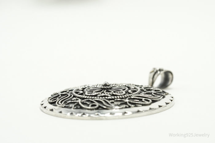 Large Vintage India Designer Doug Paulus Ornate Flower Sterling Silver Pendant