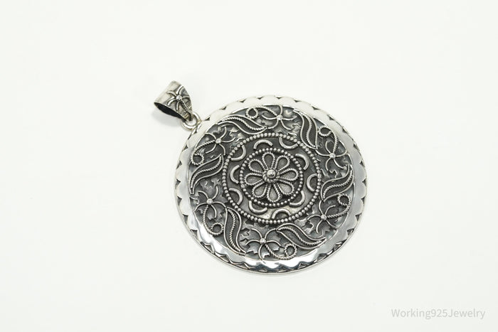 Large Vintage India Designer Doug Paulus Ornate Flower Sterling Silver Pendant