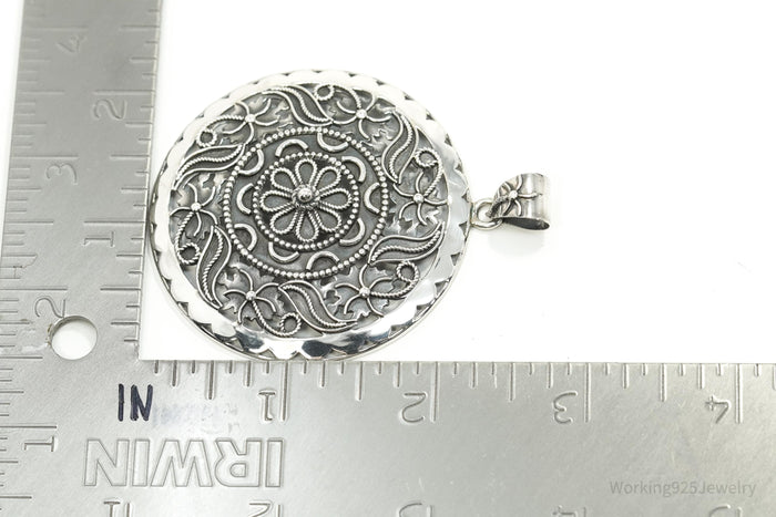 Large Vintage India Designer Doug Paulus Ornate Flower Sterling Silver Pendant