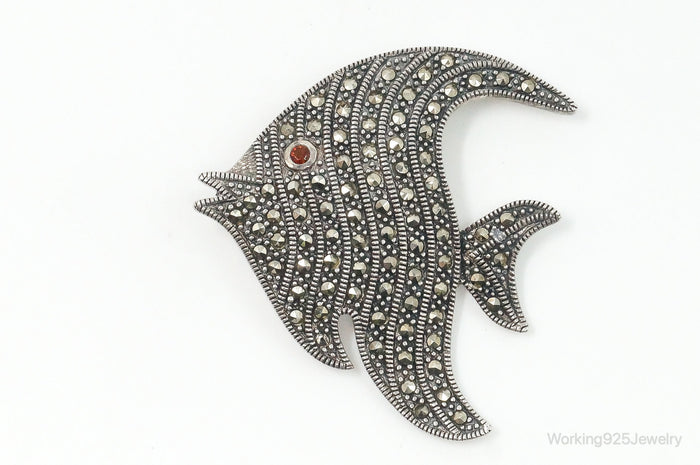 Large Vintage Marcasite Garnet Fish Sterling Brooch Pin