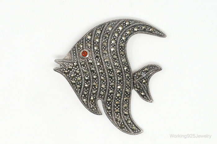 Large Vintage Marcasite Garnet Fish Sterling Brooch Pin