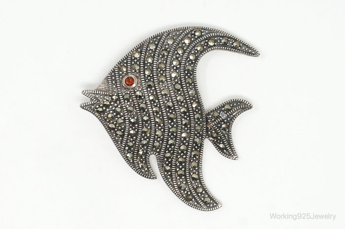 Large Vintage Marcasite Garnet Fish Sterling Brooch Pin