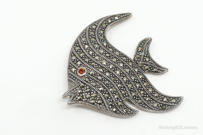 Large Vintage Marcasite Garnet Fish Sterling Brooch Pin