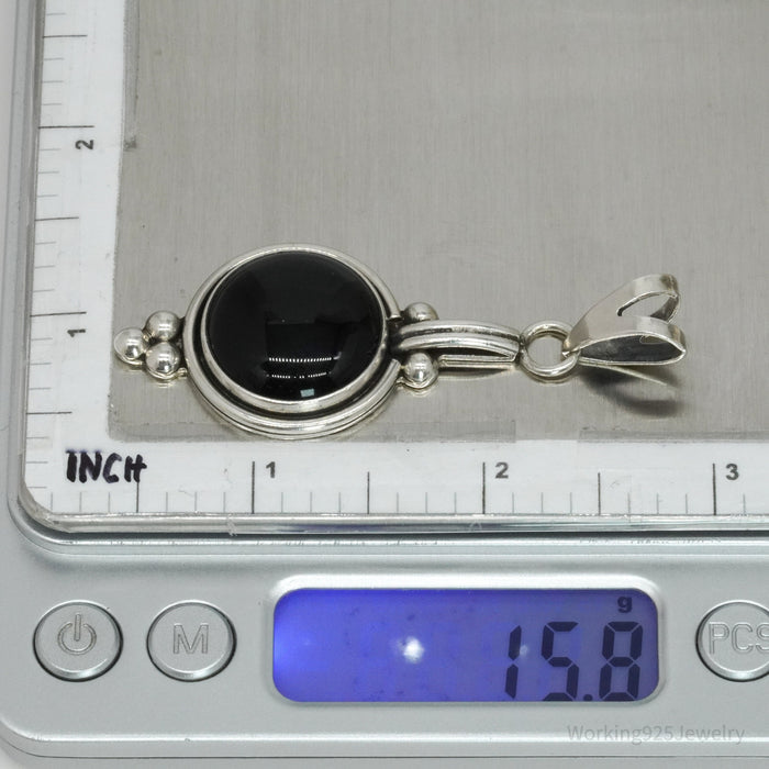 Large Vintage Modernist Black Onyx Sterling Silver Necklace Pendant