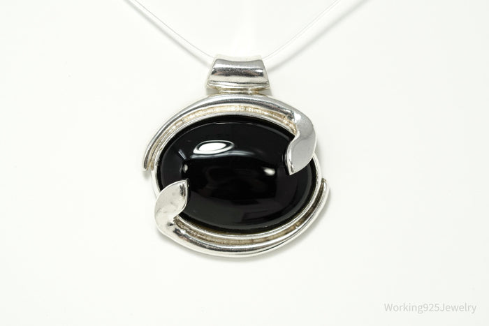Large Vintage Modernist Style Black Onyx Sterling Silver Necklace Pendant 1.5"