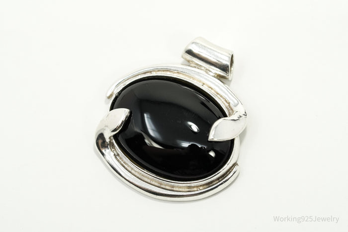 Large Vintage Modernist Style Black Onyx Sterling Silver Necklace Pendant 1.5"