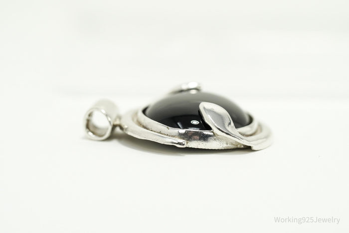 Large Vintage Modernist Style Black Onyx Sterling Silver Necklace Pendant 1.5"