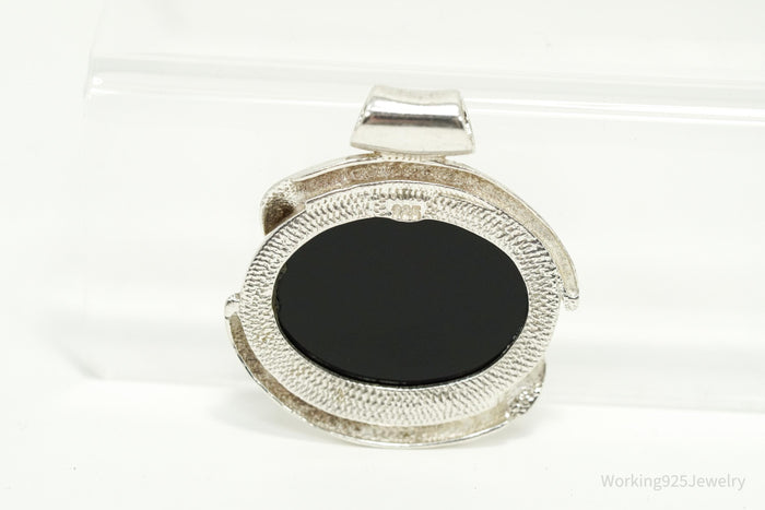 Large Vintage Modernist Style Black Onyx Sterling Silver Necklace Pendant 1.5"