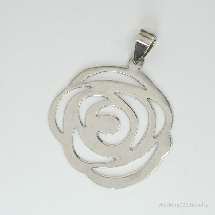 Large Vintage Sterling Silver Modernist Style Rose Pendant