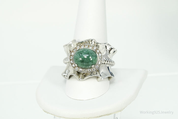 Michelle Albala Green Jadeite & White Topaz Sterling Silver Ring - Size 11.25