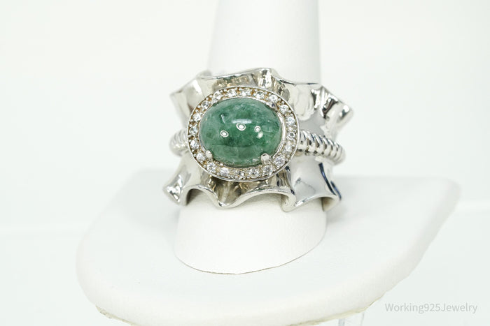 Michelle Albala Green Jadeite & White Topaz Sterling Silver Ring - Size 11.25