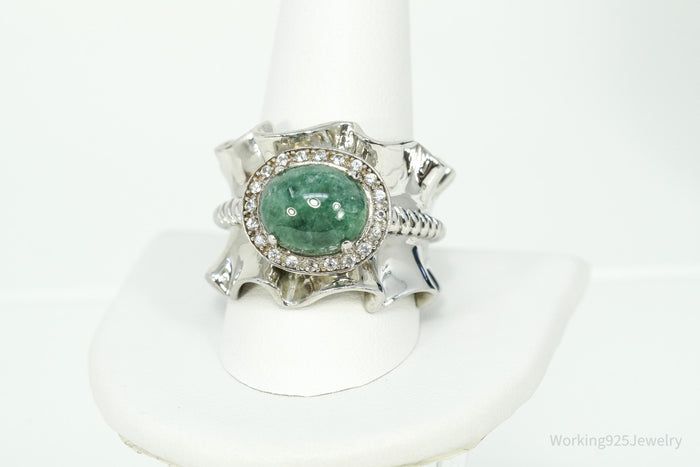 Michelle Albala Green Jadeite & White Topaz Sterling Silver Ring - Size 11.25